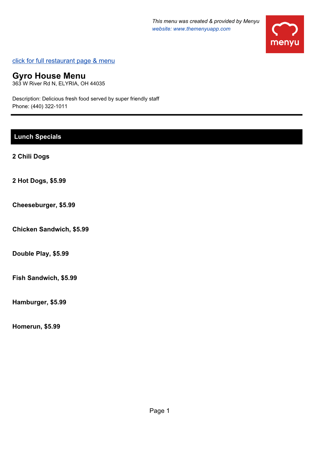 Gyro House Menu 363 W River Rd N, ELYRIA, OH 44035