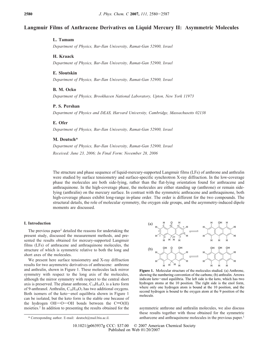 Langmuir Films of Anthracene Derivatives on Liquid Mercury II: Asymmetric Molecules