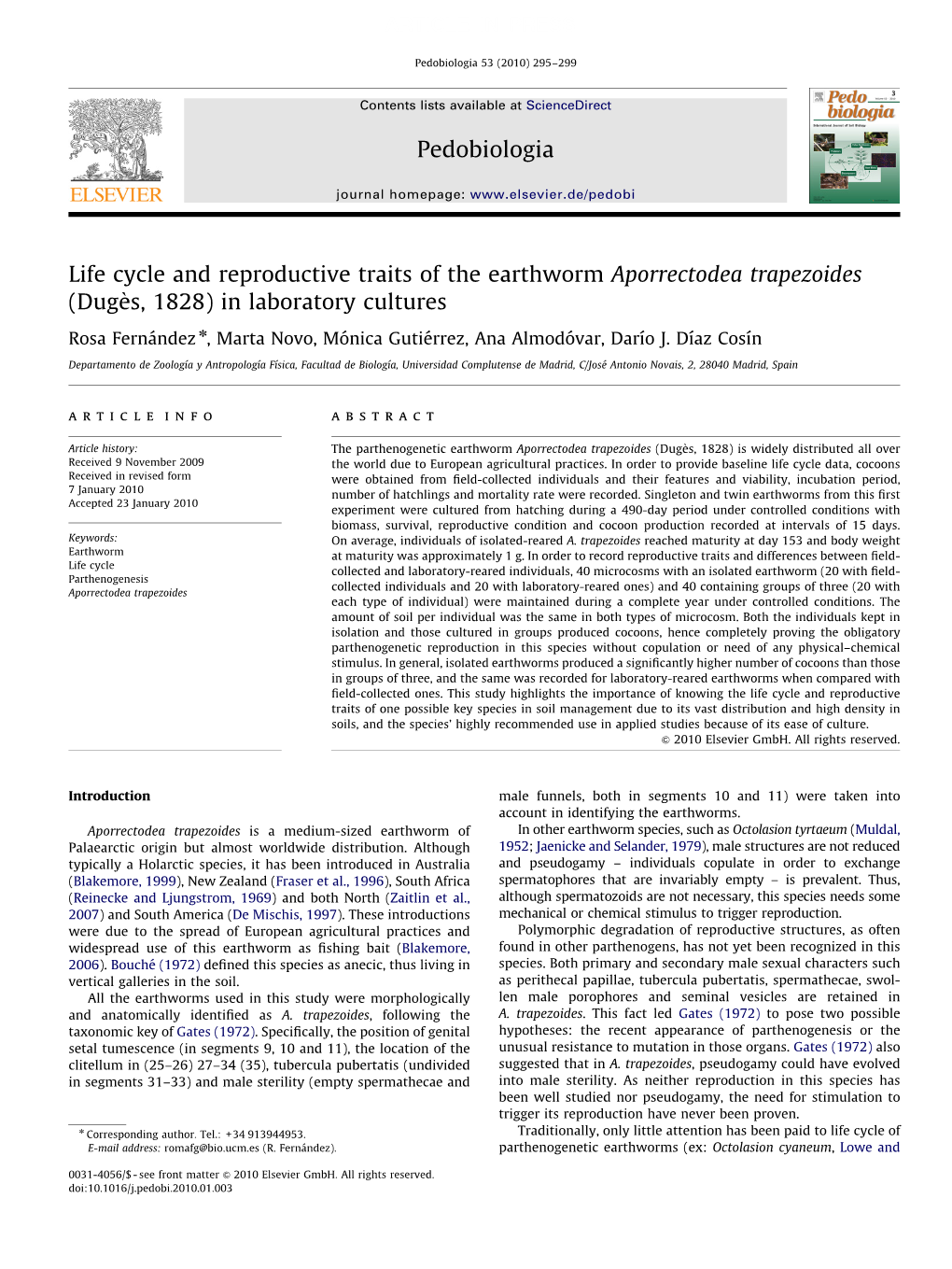 Life Cycle and Reproductive Traits of the Earthworm Aporrectodea Trapezoides (Duges, 1828) in Laboratory Cultures