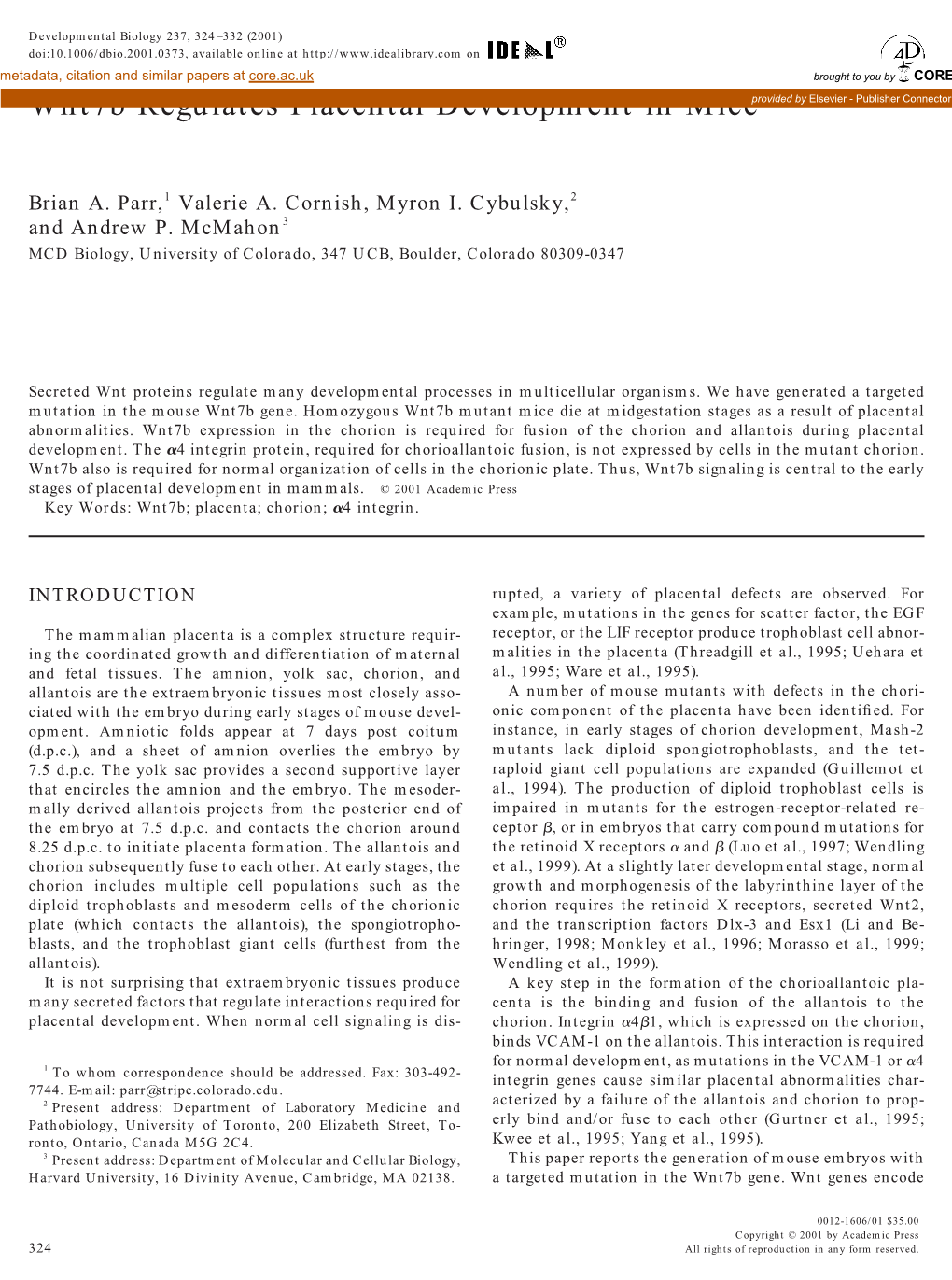 Wnt7b Regulates Placental Development in Miceprovided by Elsevier - Publisher Connector