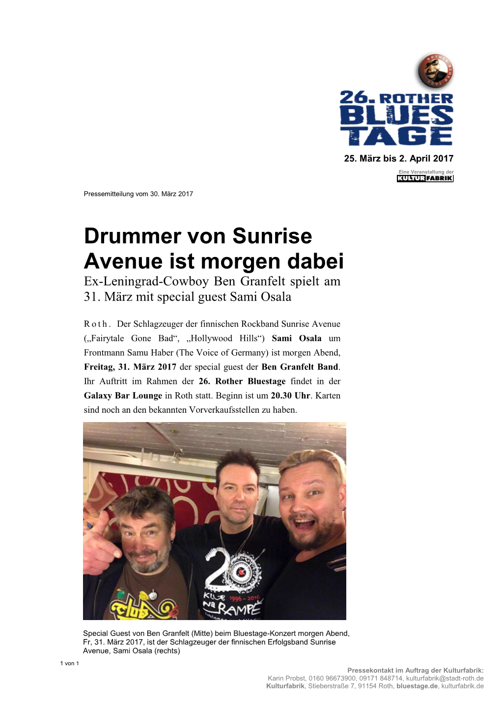 Drummer Von Sunrise Avenue Ist Morgen Dabei Ex-Leningrad-Cowboy Ben Granfelt Spielt Am 31