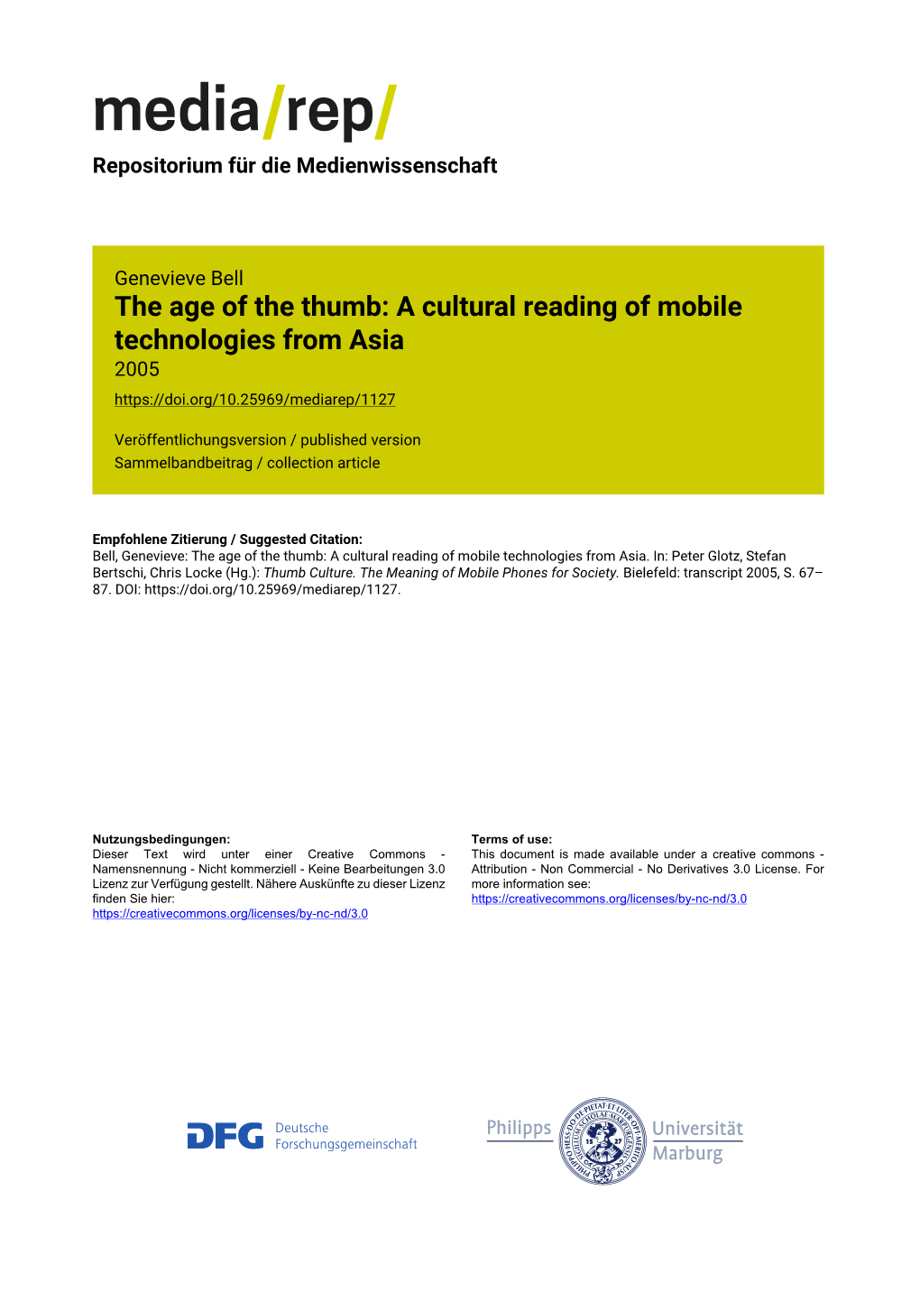 The Age of the Thumb: a Cultural Reading of Mobile Technologies from Asia 2005