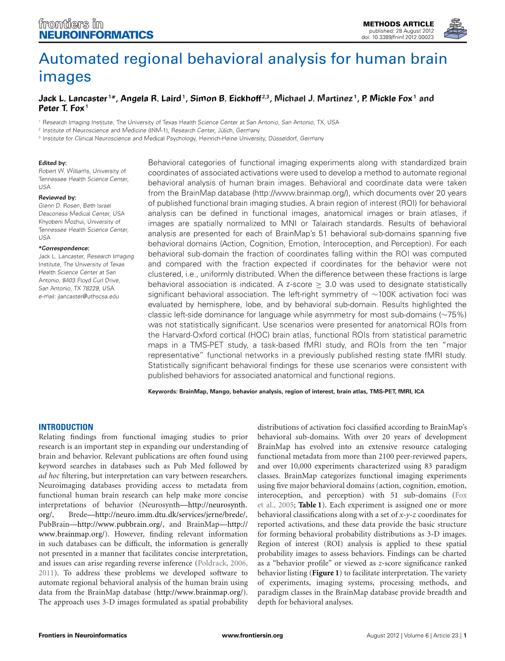 Automated Regional Behavioral Analysis for Human Brain Images