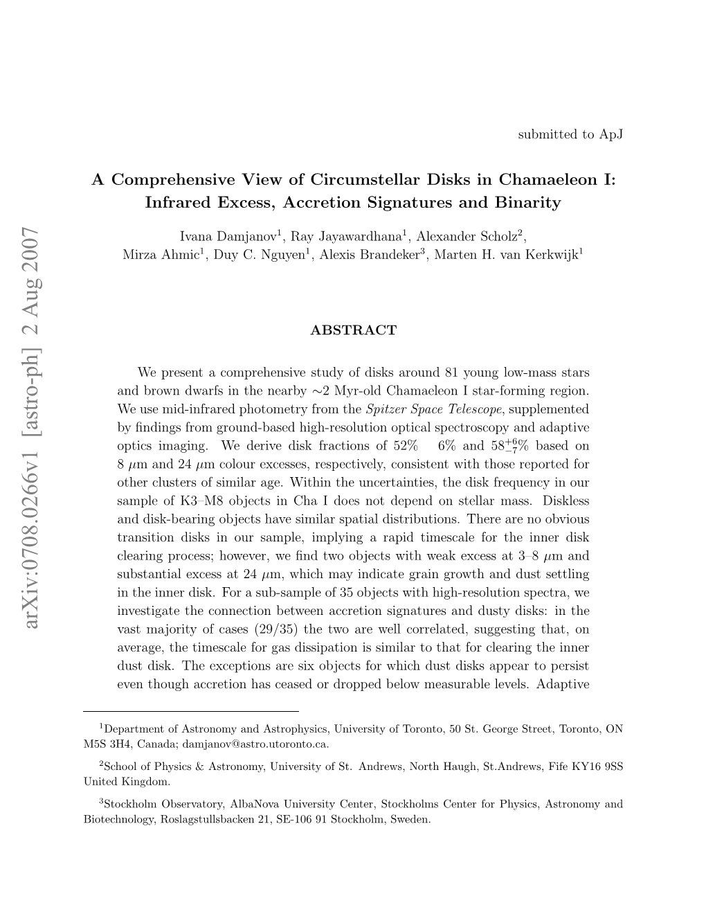 Arxiv:0708.0266V1 [Astro-Ph] 2 Aug 2007 5 H,Cnd;Damjanov@Astro.Utoronto.Ca