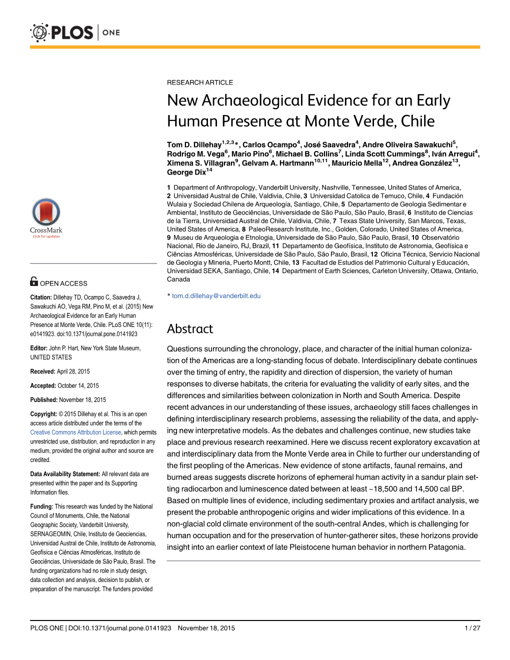 New Archaeological Evidence for an Early Human Presence at Monte Verde, Chile