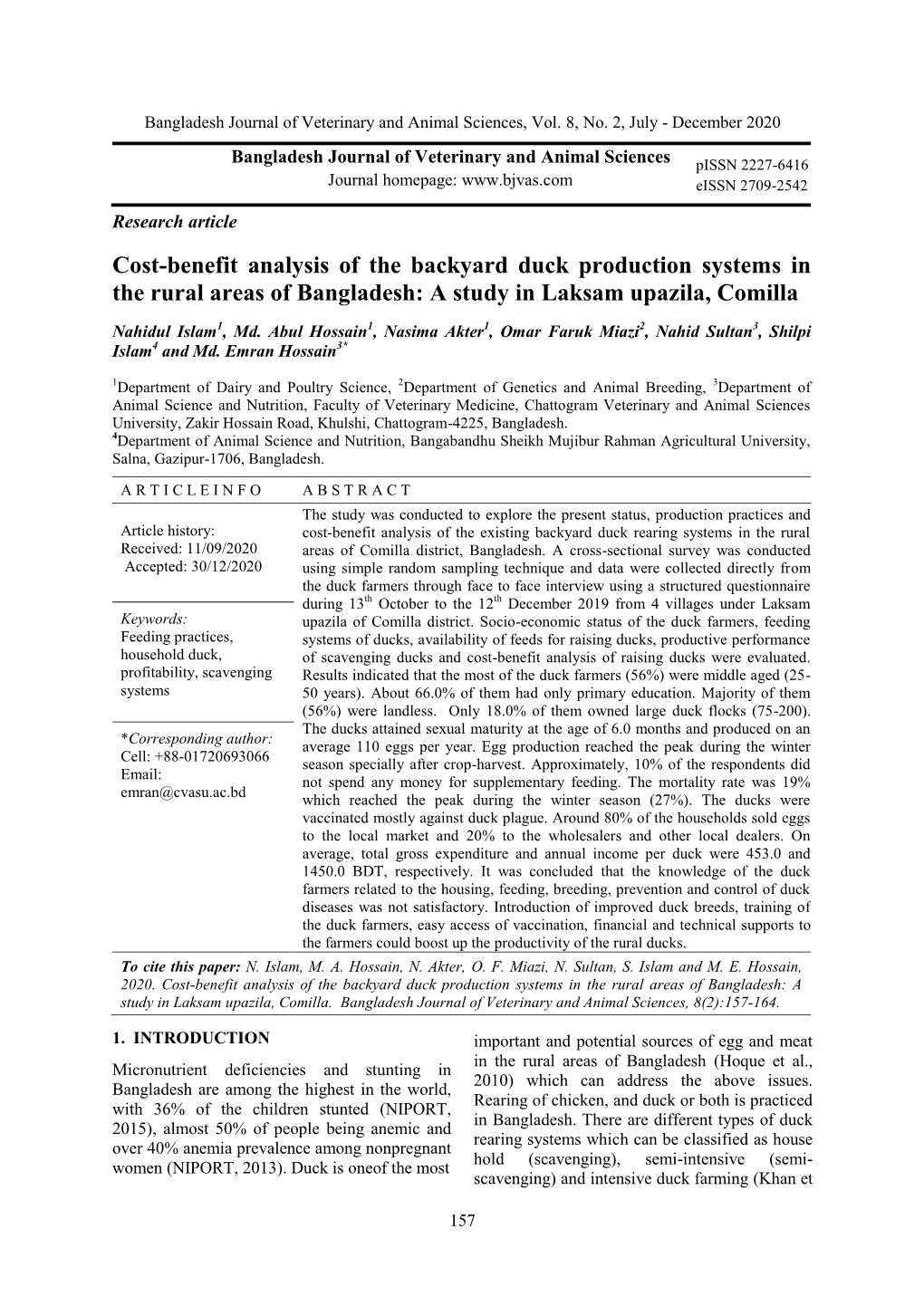 Cost-Benefit Analysis of the Backyard Duck Production Systems in the Rural Areas of Bangladesh: a Study in Laksam Upazila, Comilla