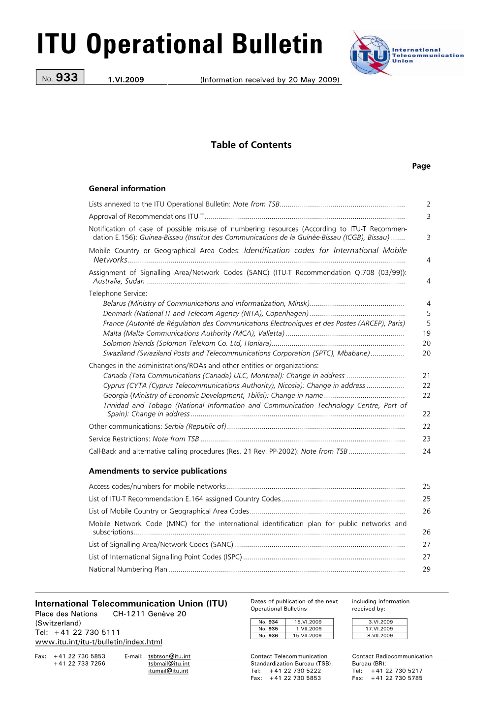 ITU Operational Bulletin No.933 / 1.VI.2009