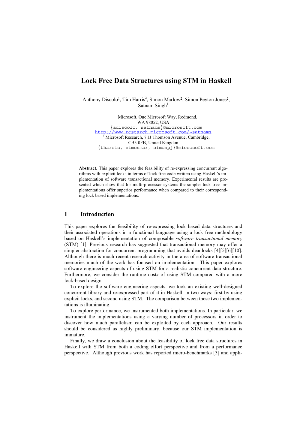 Lock Free Data Structures Using STM in Haskell