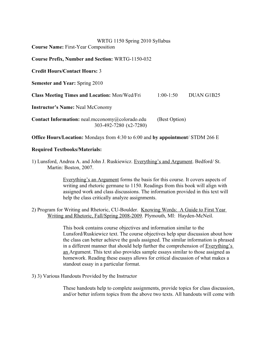 WRTG 1150 Spring 2010 Syllabus