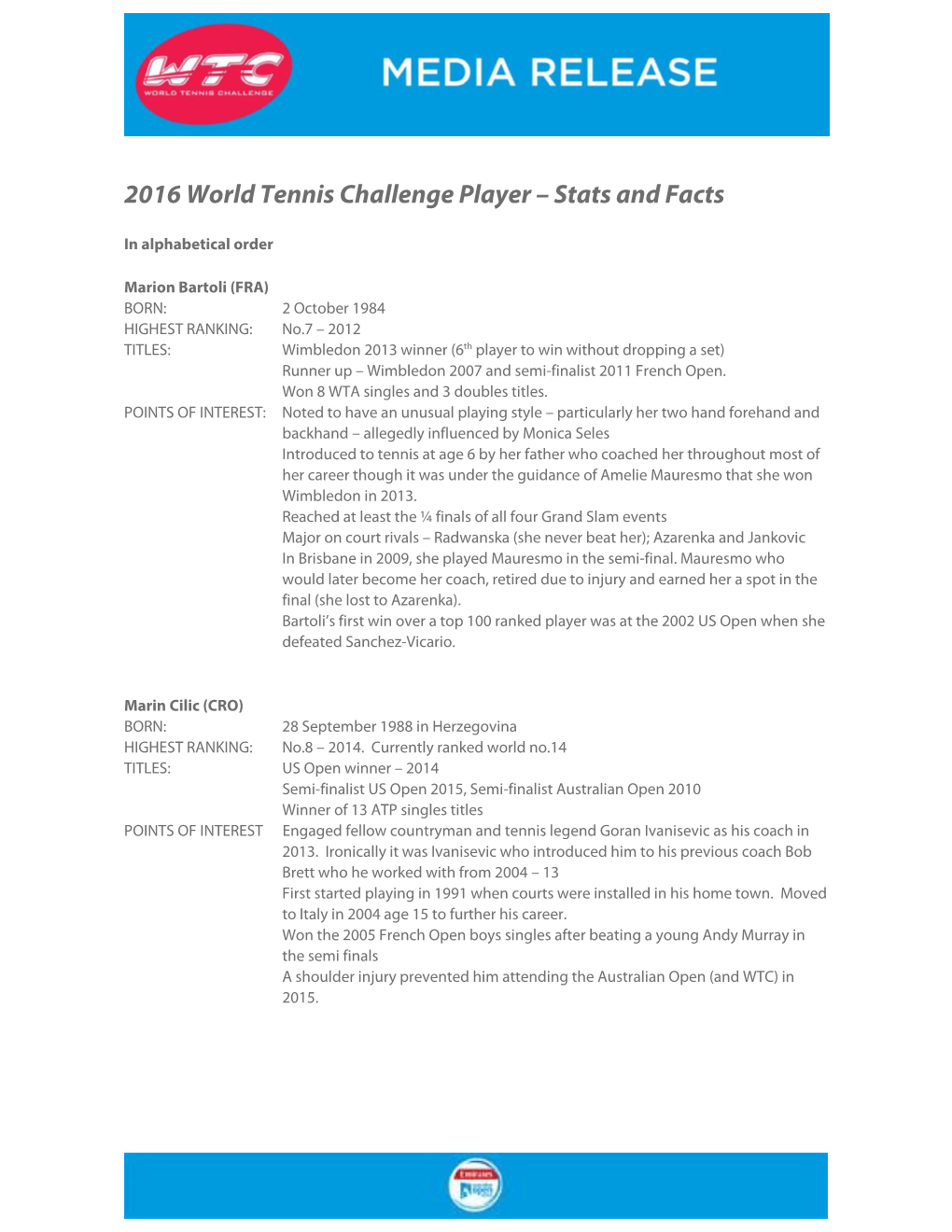 2016 World Tennis Challenge Player – Stats and Facts