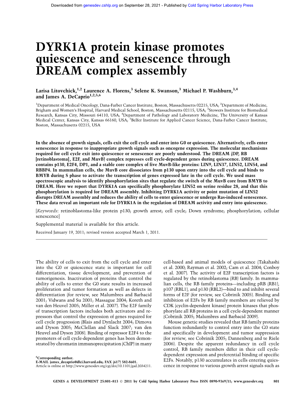 DYRK1A Protein Kinase Promotes Quiescence and Senescence Through DREAM Complex Assembly