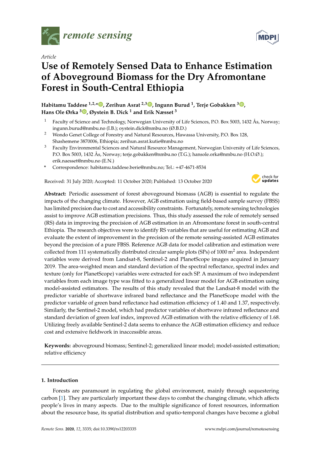Use of Remotely Sensed Data to Enhance Estimation of Aboveground Biomass for the Dry Afromontane Forest in South-Central Ethiopia