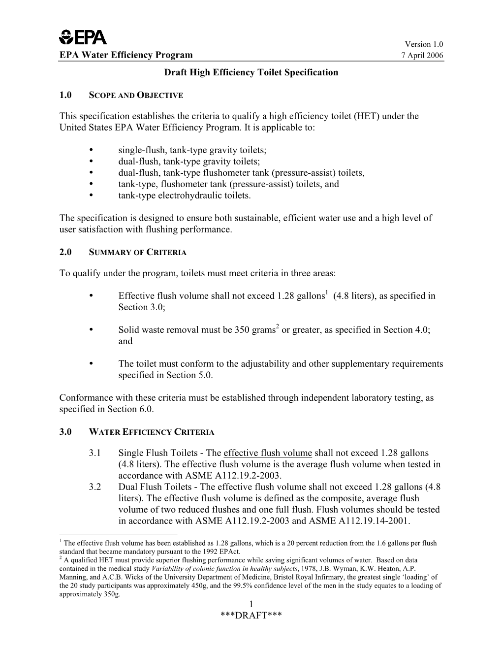 Draft High Efficiency Toilet Specification