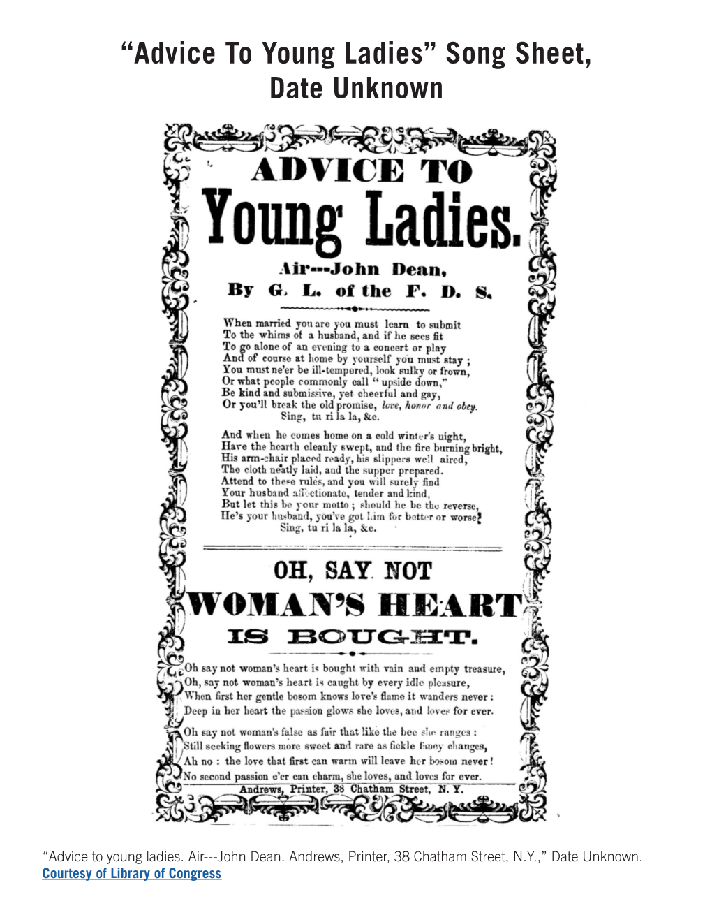 “Advice to Young Ladies” Song Sheet, Date Unknown