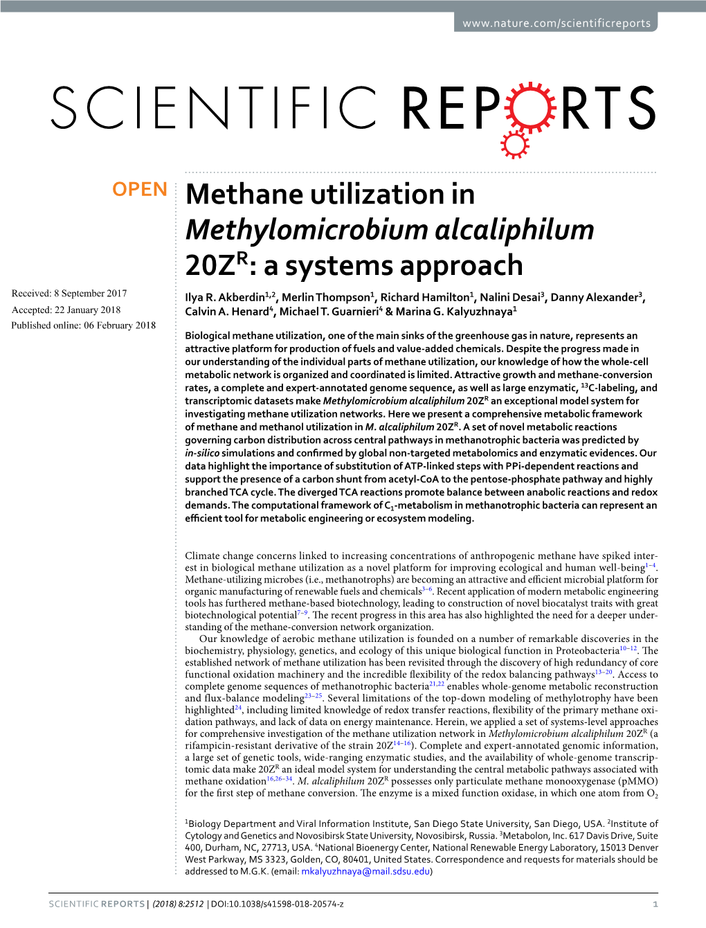 Methane Utilization in Methylomicrobium Alcaliphilum 20ZR: a Systems Approach Received: 8 September 2017 Ilya R