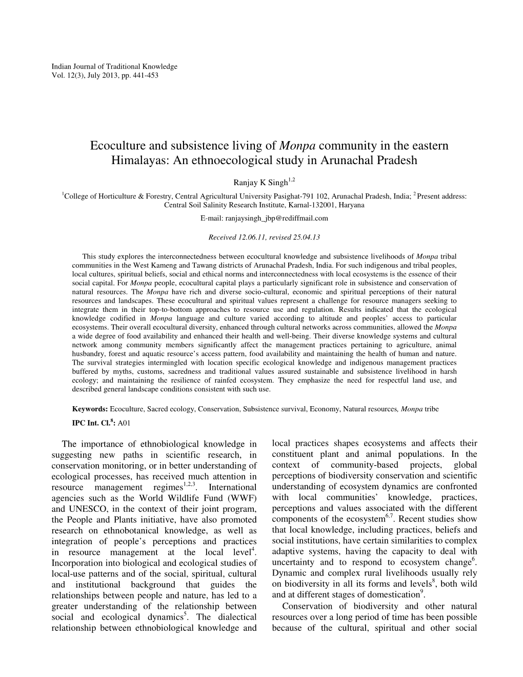 An Ethnoecological Study in Arunachal Pradesh