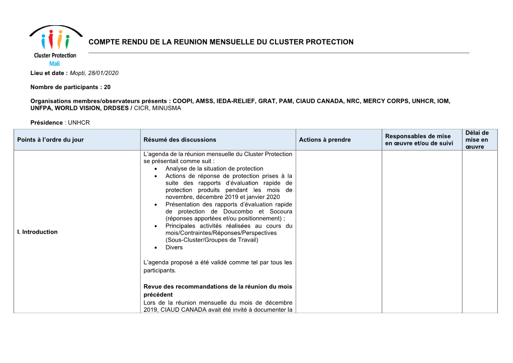 Compte Rendu De La Reunion Mensuelle Du Cluster Protection