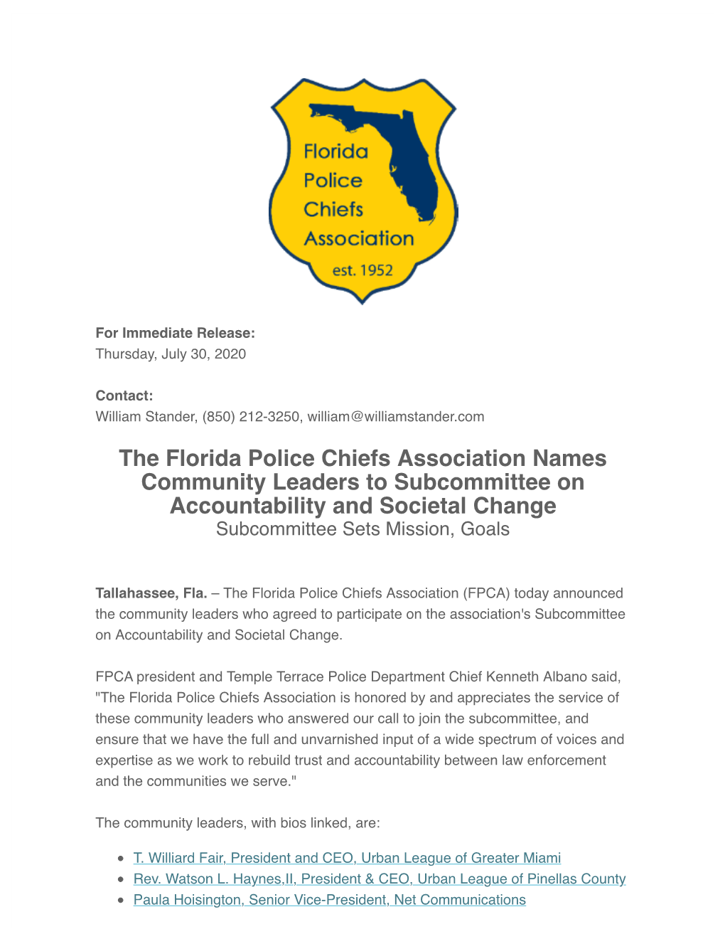 FL Police Chiefs Name Community Leaders to Accountability