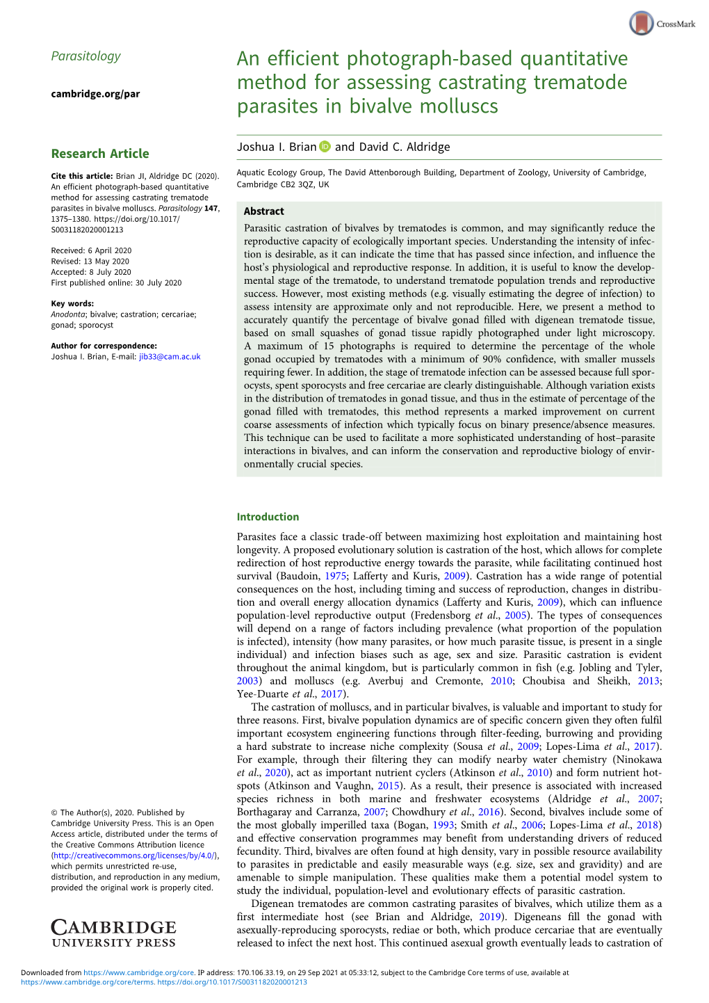 An Efficient Photograph-Based Quantitative Method for Assessing Castrating Trematode Cambridge.Org/Par Parasites in Bivalve Molluscs