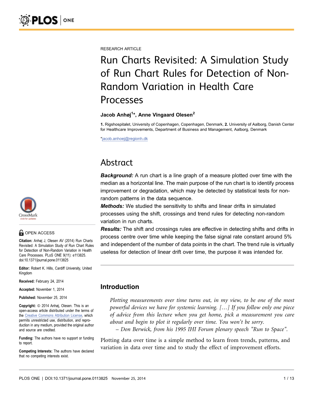 Run Charts Revisited: a Simulation Study of Run Chart Rules for Detection of Non- Random Variation in Health Care Processes