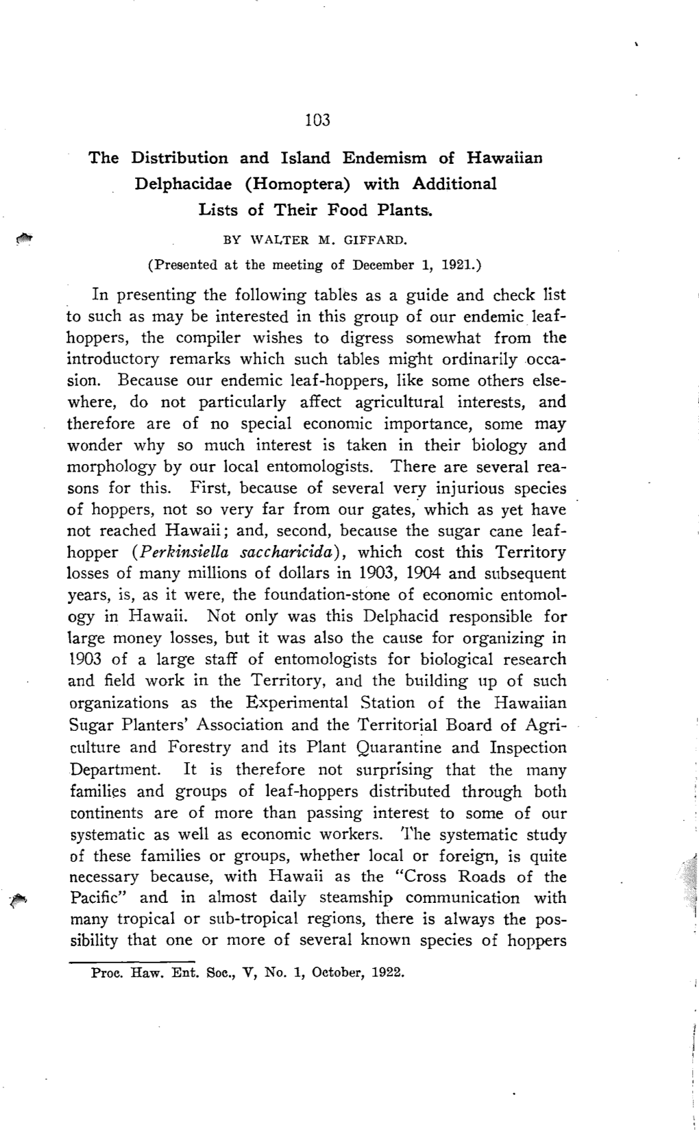 The Distribution and Island Endemism of Hawaiian Delphacidae (Homoptera) with Additional Lists of Their Food Plants .. Hopper (P