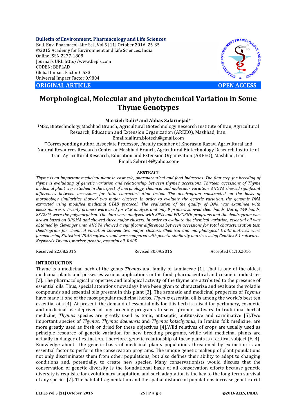 Morphological, Molecular and Phytochemical Variation in Some Thyme Genotypes