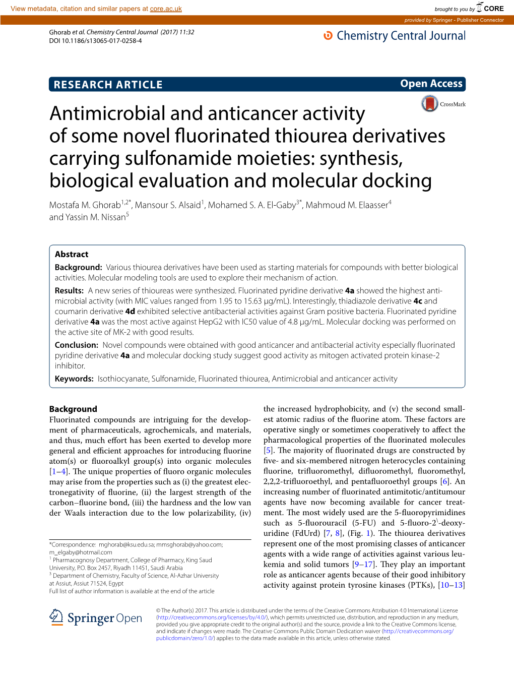 Antimicrobial and Anticancer Activity of Some Novel Fluorinated