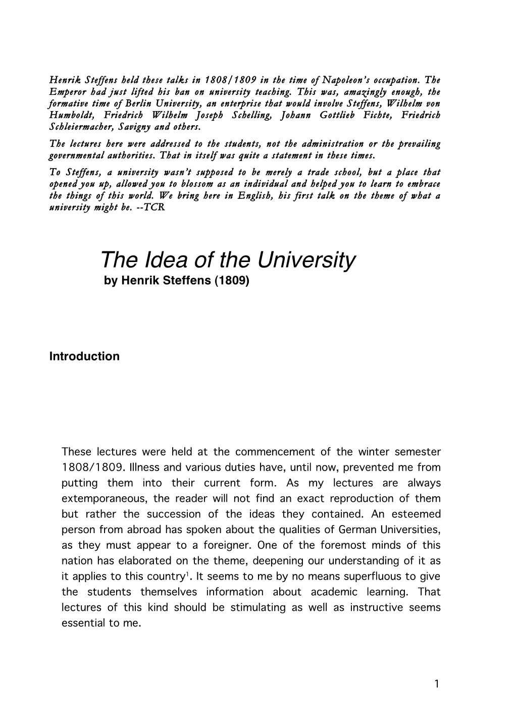 The Idea of the University by Henrik Steffens (1809)