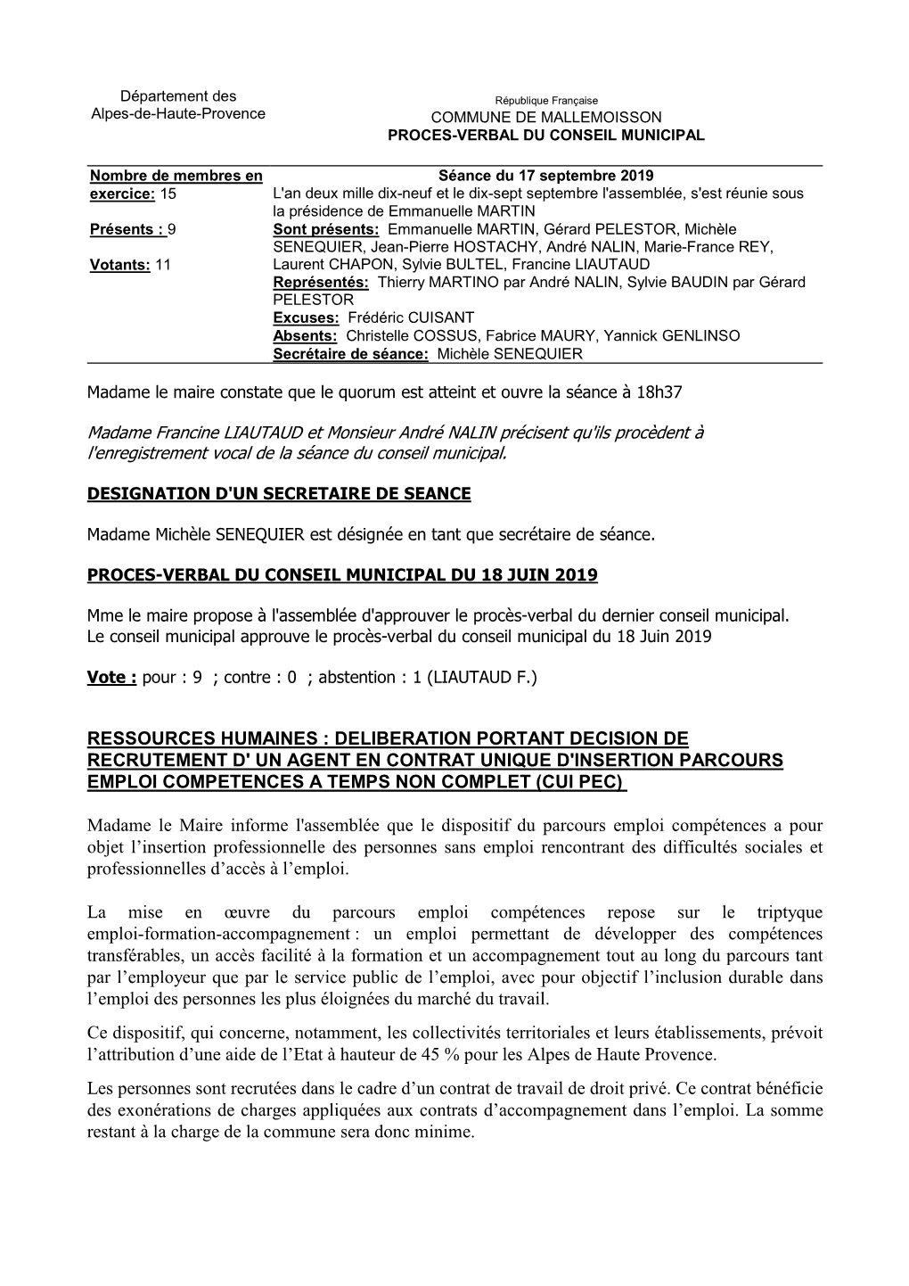 Procès Verbal Du Conseil Municipal Du 17-09-19