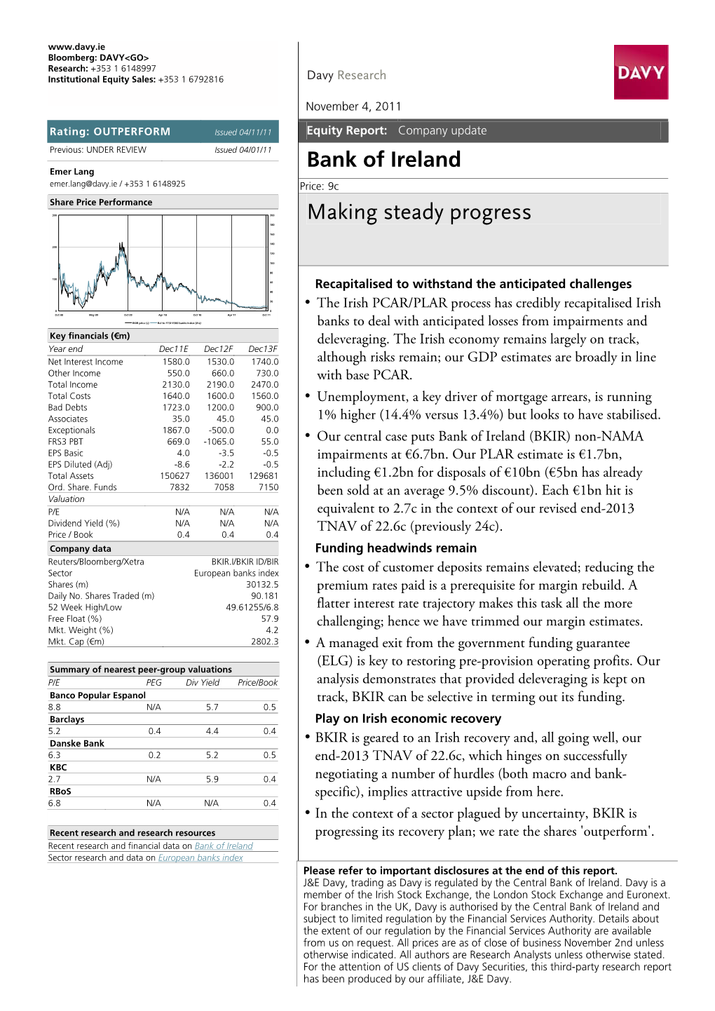 Bank of Ireland Emer Lang Emer.Lang@Davy.Ie / +353 1 6148925 Price: 9C