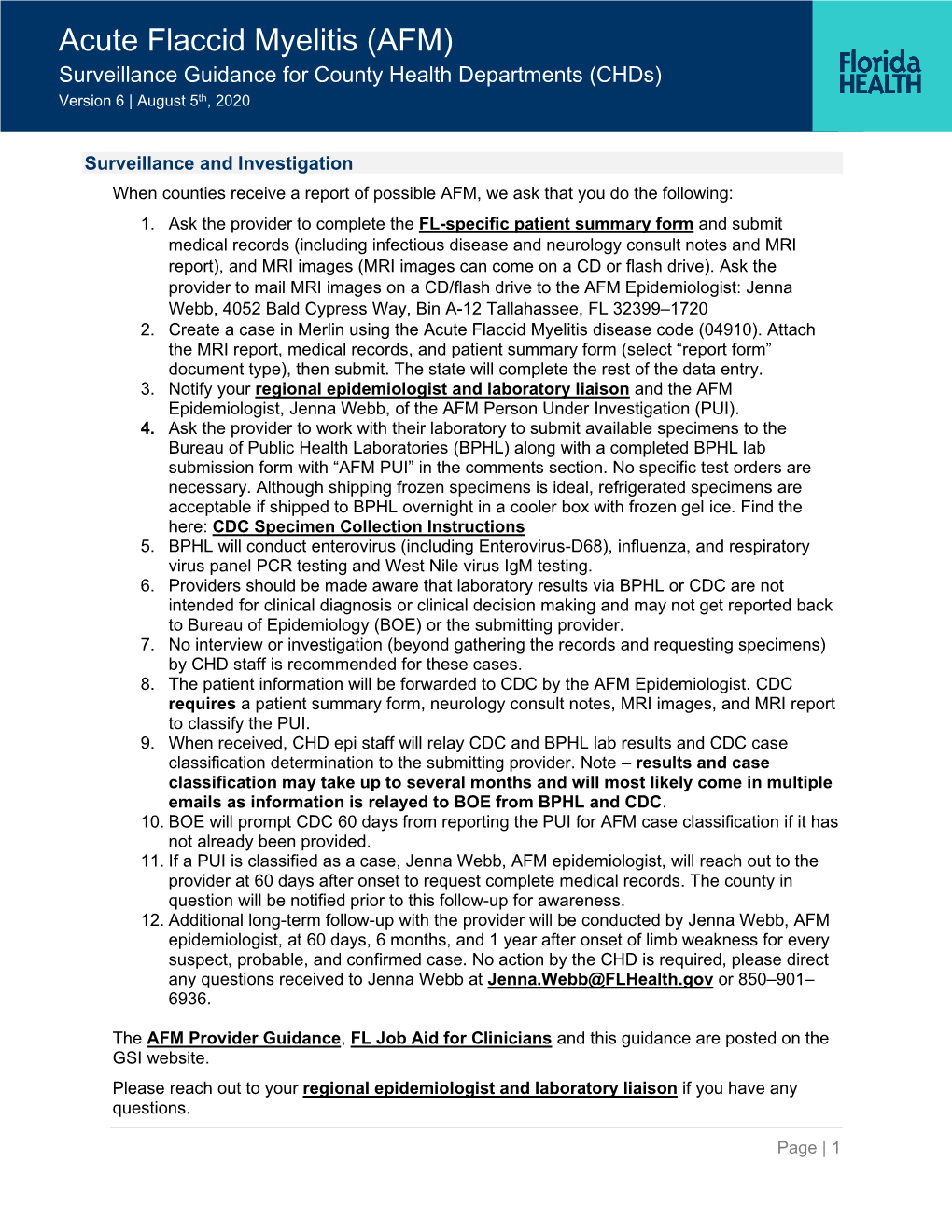 Acute Flaccid Myelitis (AFM) Surveillance Guidance for County Health Departments (Chds) Th Version 6 | August 5 , 2020