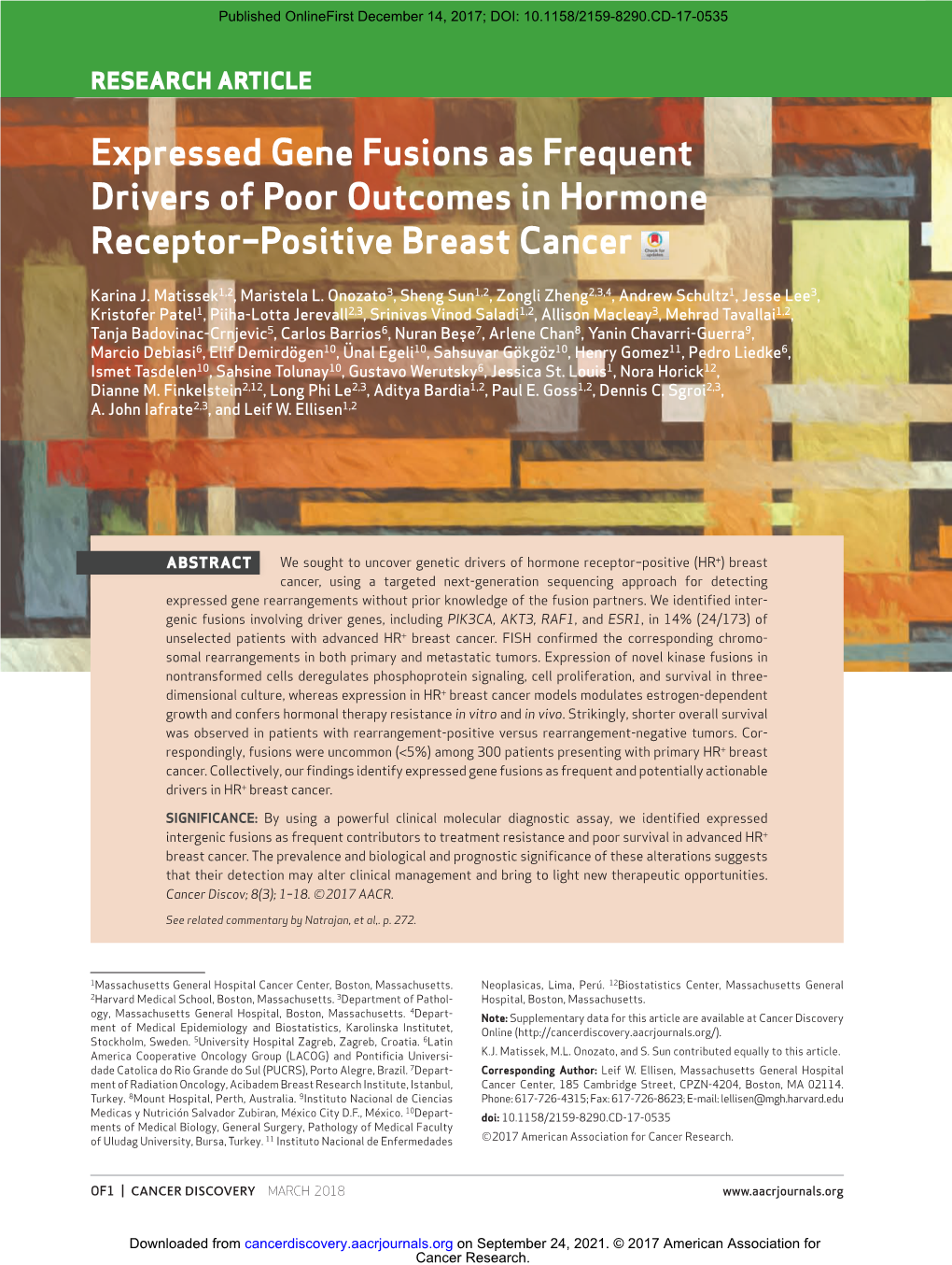 Expressed Gene Fusions As Frequent Drivers of Poor Outcomes in Hormone Receptor–Positive Breast Cancer