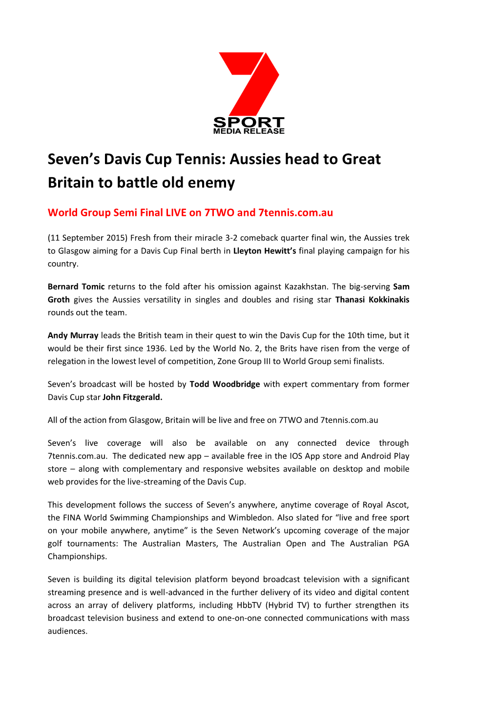 Seven's Davis Cup Tennis