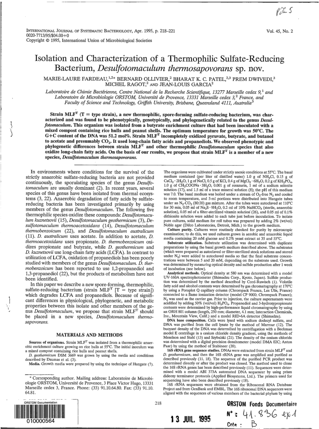 Isolation and Characterization of a Thermophilic Sulfate-Reducing Bacterium, Desuvotomaculum Themosapovorans Sp