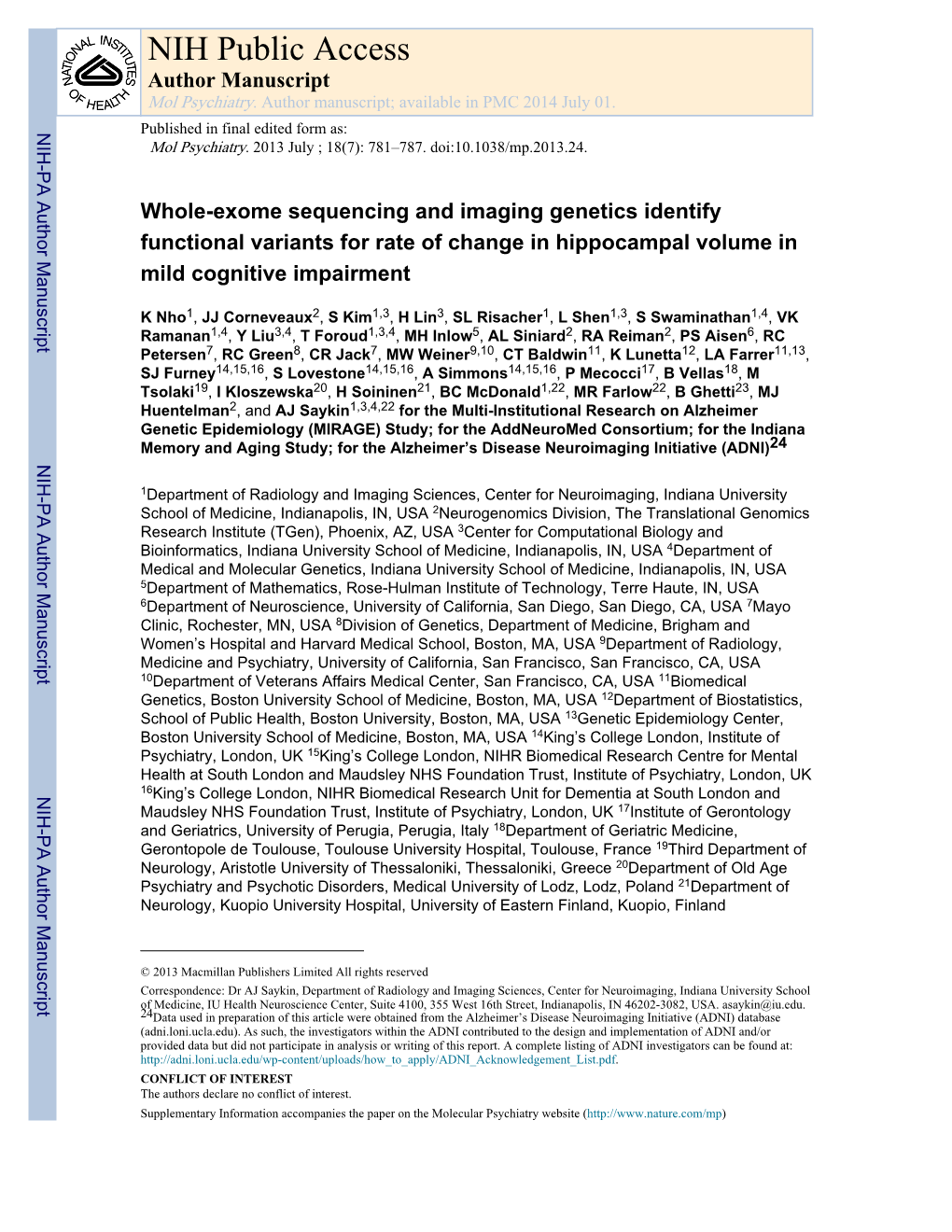 NIH Public Access Author Manuscript Mol Psychiatry