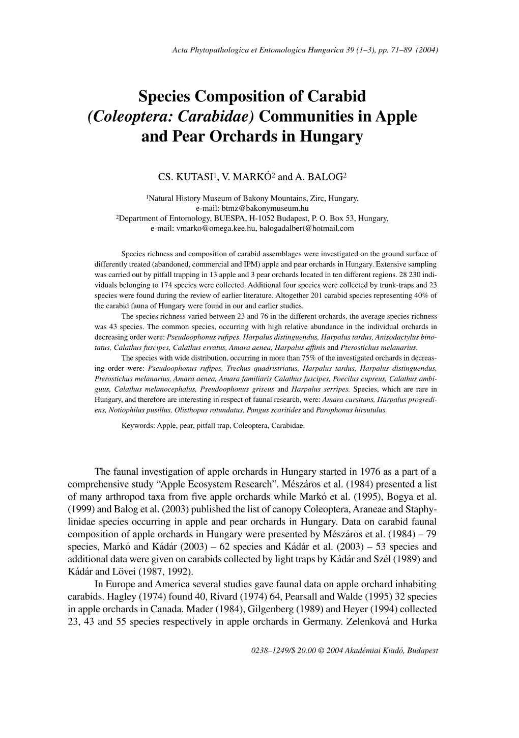 Communities in Apple and Pear Orchards in Hungary