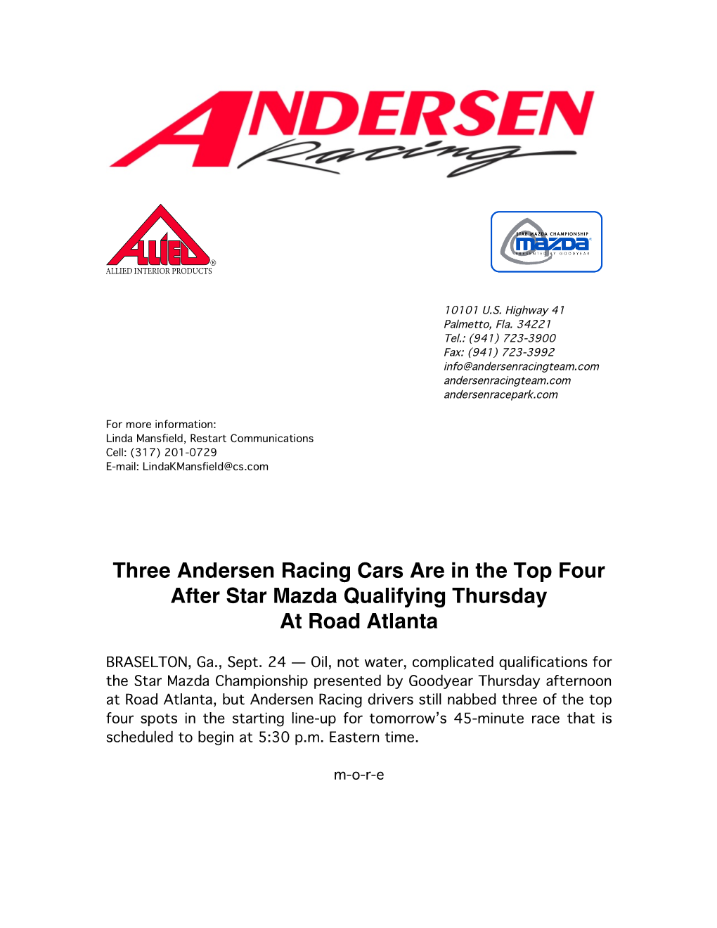 Three Andersen Racing Cars Are in the Top Four After Star Mazda Qualifying Thursday at Road Atlanta