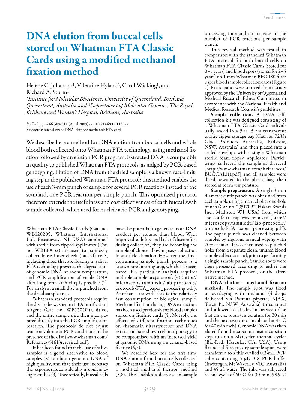 DNA Elution from Buccal Cells Stored on Whatman FTA Classic Cards Using a Modified Methanol Fixation Method