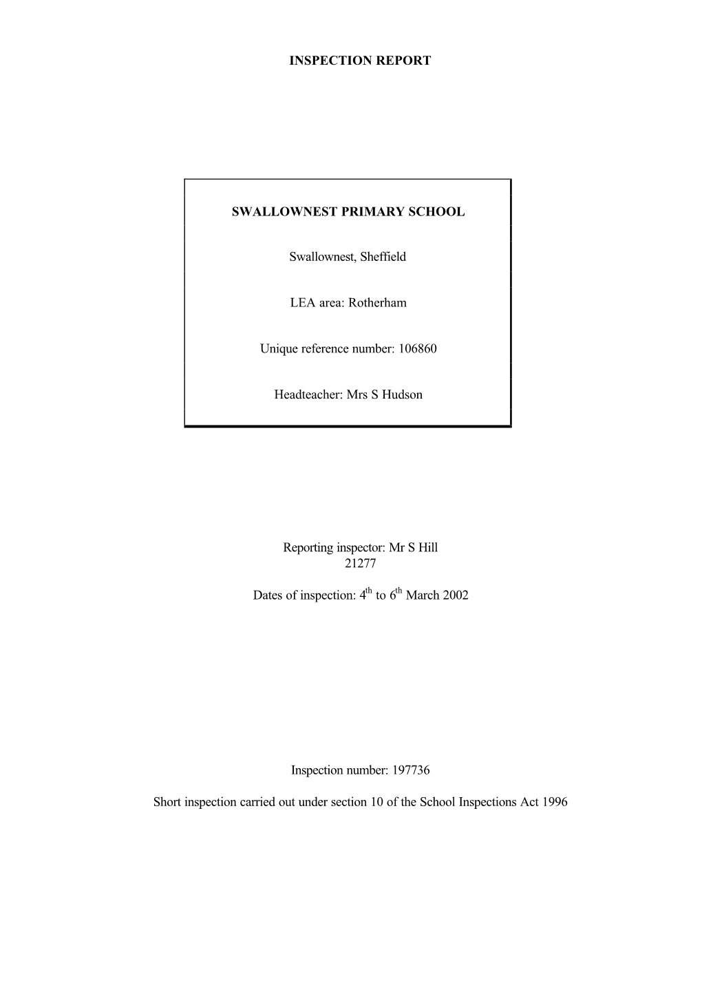 INSPECTION REPORT SWALLOWNEST PRIMARY SCHOOL Swallownest, Sheffield LEA Area: Rotherham Unique Reference Number: 106860 Headteac