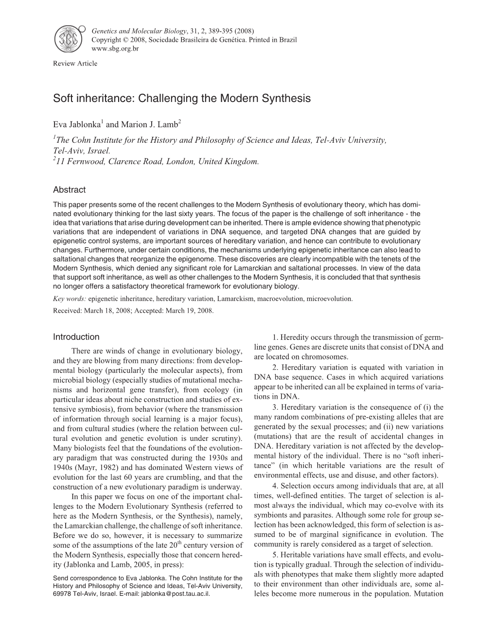 Soft Inheritance: Challenging the Modern Synthesis