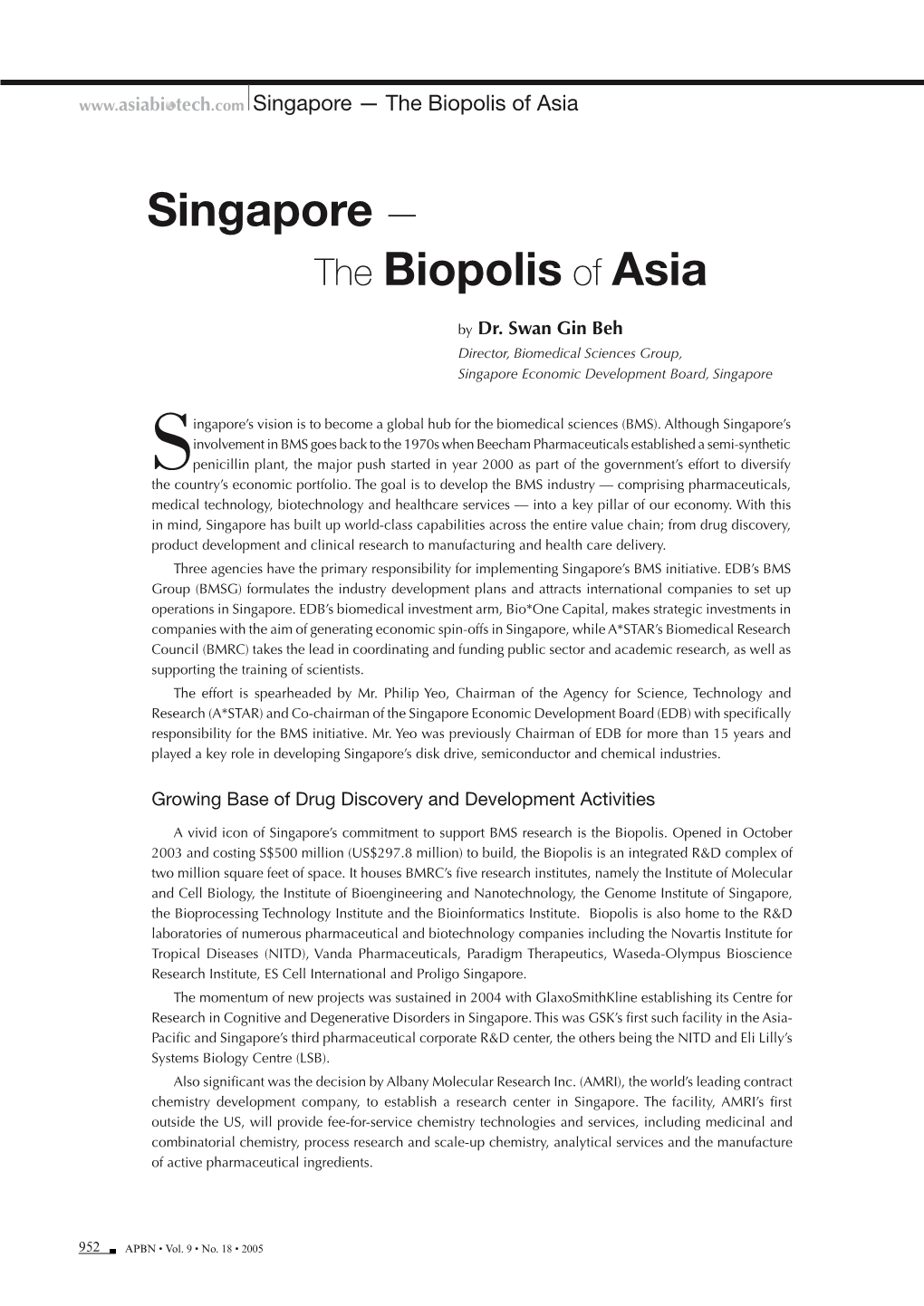 Singapore — the Biopolis of Asia