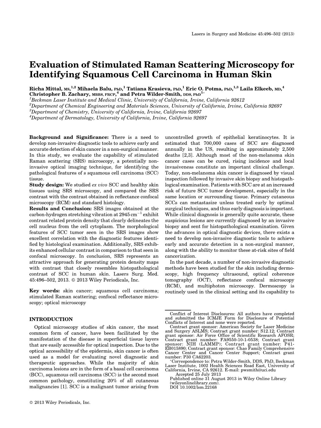 Evaluation of Stimulated Raman Scattering Microscopy for Identifying Squamous Cell Carcinoma in Human Skin