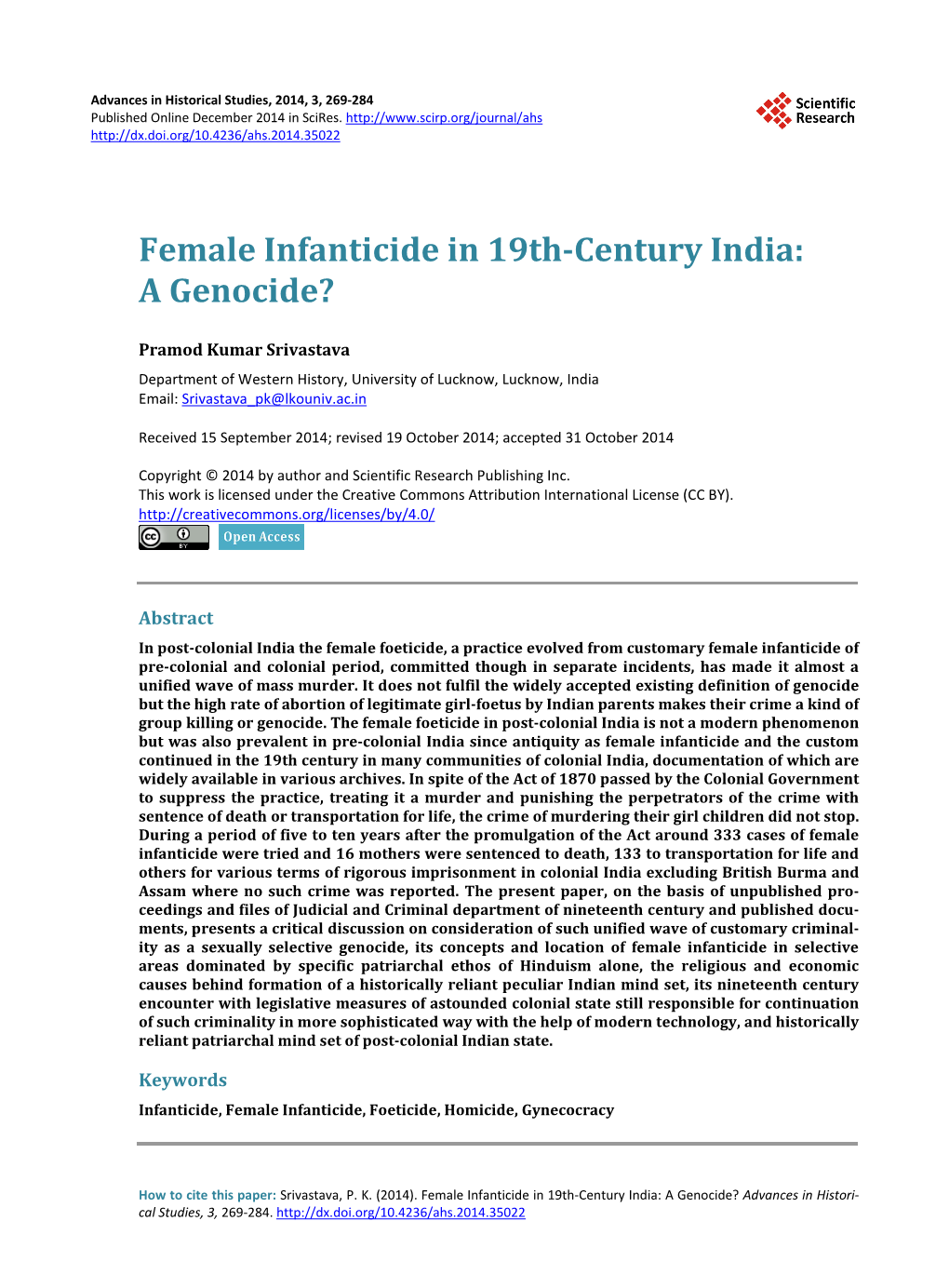 Female Infanticide in 19Th-Century India: a Genocide?