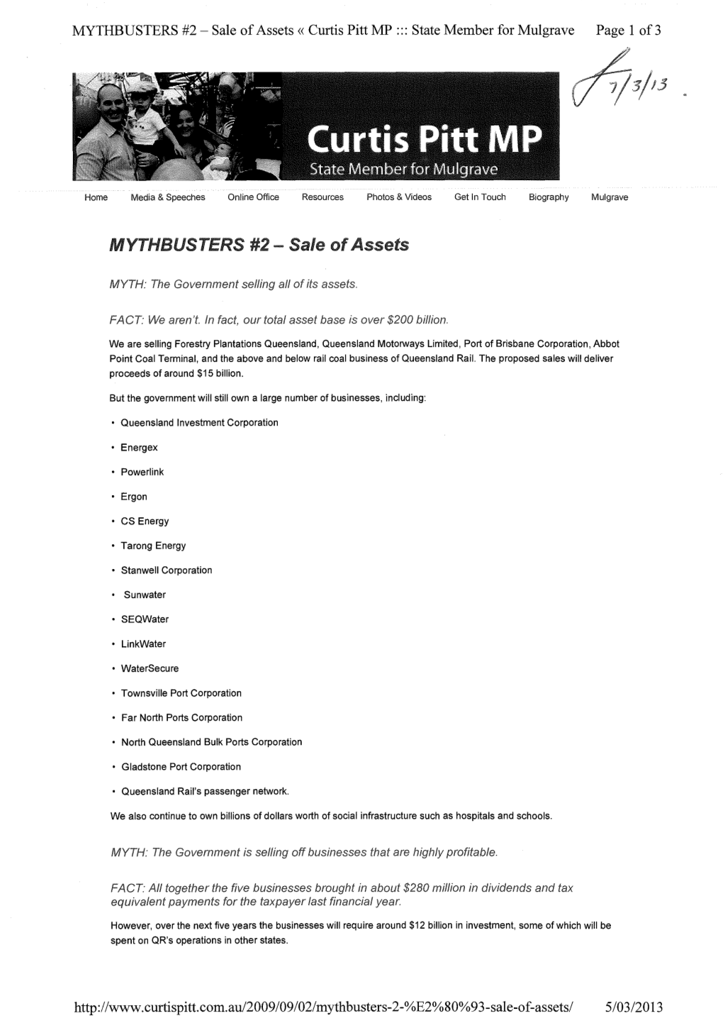 MYTHBUSTERS #2- Sale of Assets« Curtis Pitt MP :::State Member for Mulgrave Page 1 Of3