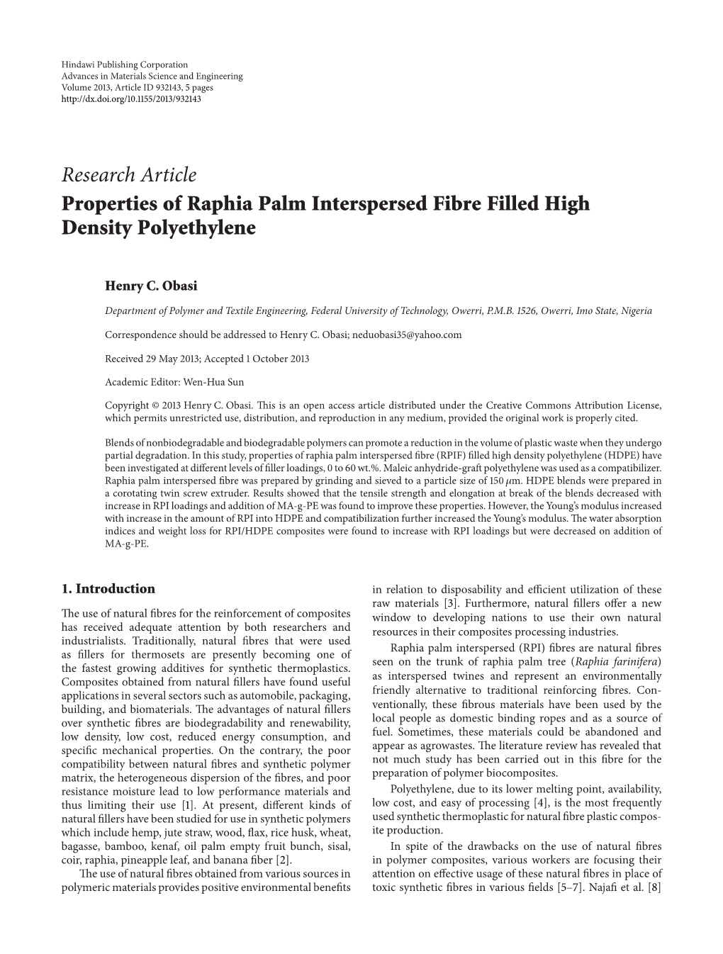 Properties of Raphia Palm Interspersed Fibre Filled High Density Polyethylene