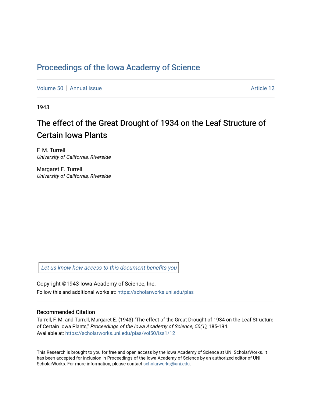 The Effect of the Great Drought of 1934 on the Leaf Structure of Certain Iowa Plants