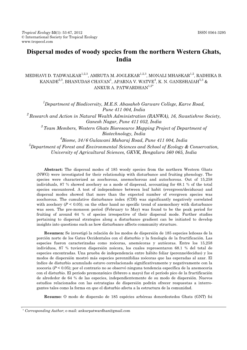 Dispersal Modes of Woody Species from the Northern Western Ghats, India