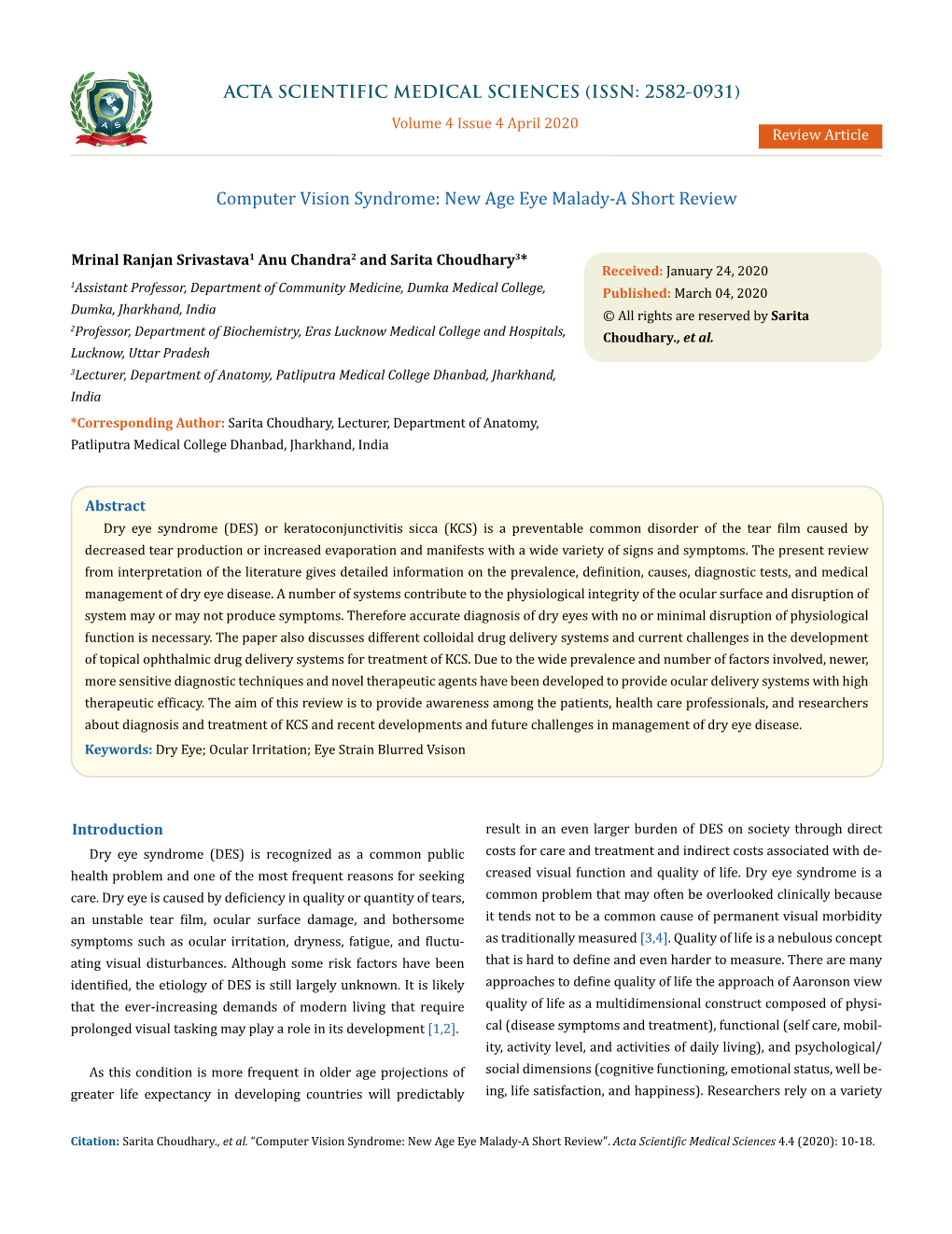 Computer Vision Syndrome: New Age Eye Malady-A Short Review