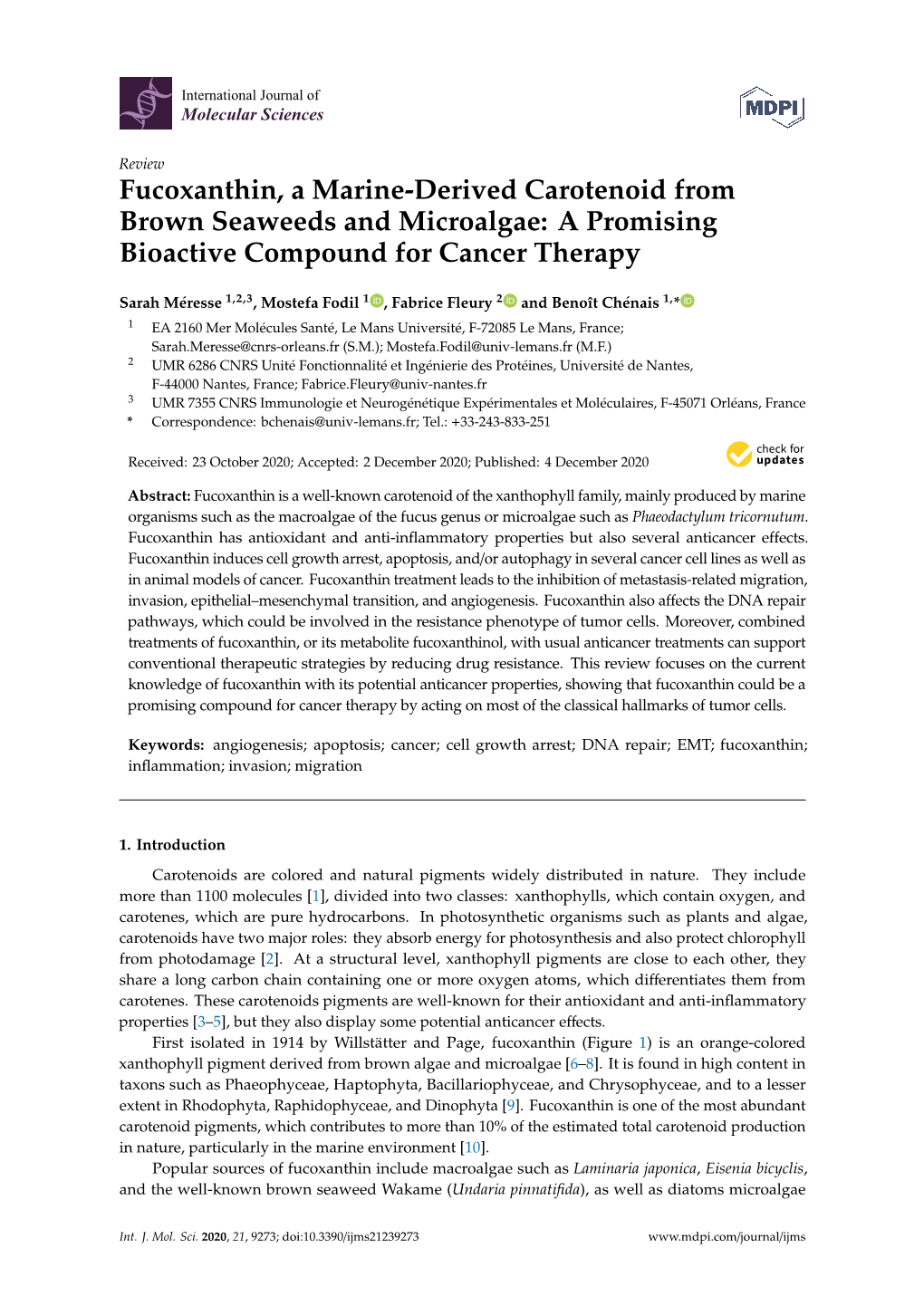 Fucoxanthin, a Marine-Derived Carotenoid from Brown Seaweeds and Microalgae: a Promising Bioactive Compound for Cancer Therapy