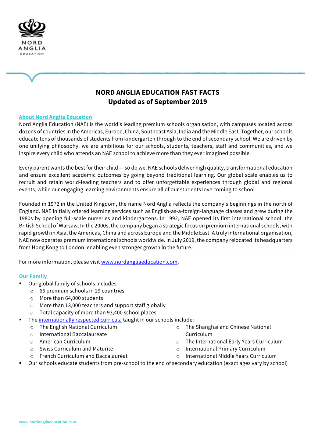 NORD ANGLIA EDUCATION FAST FACTS Updated As of September 2019